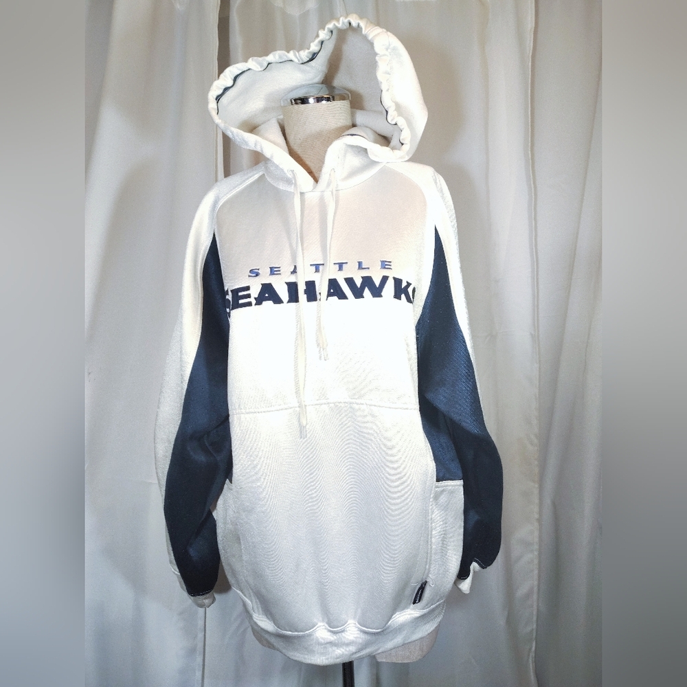 Seattle Seahawks NFL Hoodie,Men Satin Logo White/Blue, Pullover, Pckts, Reebok,M